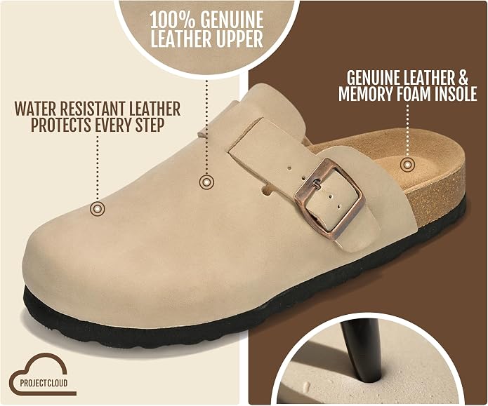 Project Cloud 100% Genuine Leather Slip-ons Footbed Clogs for Women Sandals | Memory Foam Arch Support Slippers for Women; Trendy Slip-ons Women's Mules & Clogs Sandals; Non-Slip Outsole for comfort.
