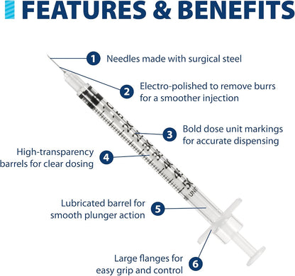 Easy Touch 30 Gauge U-100 Insulin Syringes (30G 0.5cc 5/16”) with 5/16” Short Needle, 0.5cc (50 Unit Capacity), Bold Markings for Accurate Dosing, Disposable, Box of 100( box damage)
