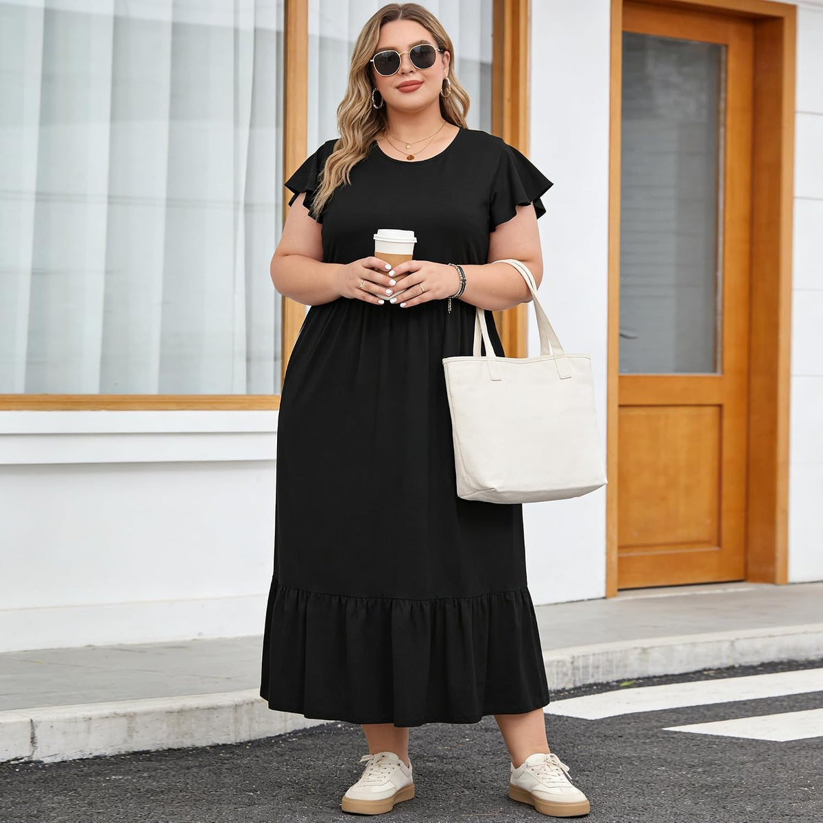 Women's Plus Size Maxi Dress Crew Neck Ruffle Short Sleeve Summer Casual Dresses with Pockets Floral Long Dress