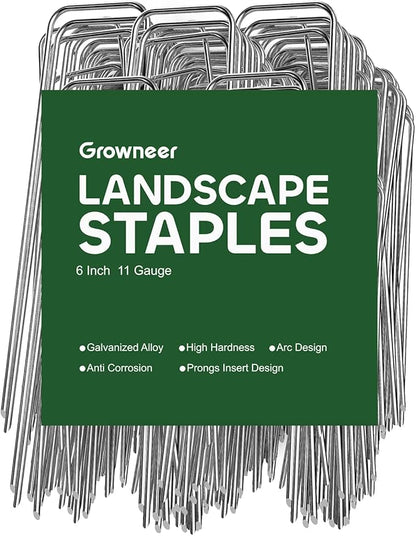 GROWNEER Landscape Staples 100 Packs 6 Inches Heavy Duty 11 Gauge Galvanized Steel Garden Stakes, Garden Staples Securing Pegs for Securing Weed Fabric Landscape Fabric Netting Ground Sheets  Fences