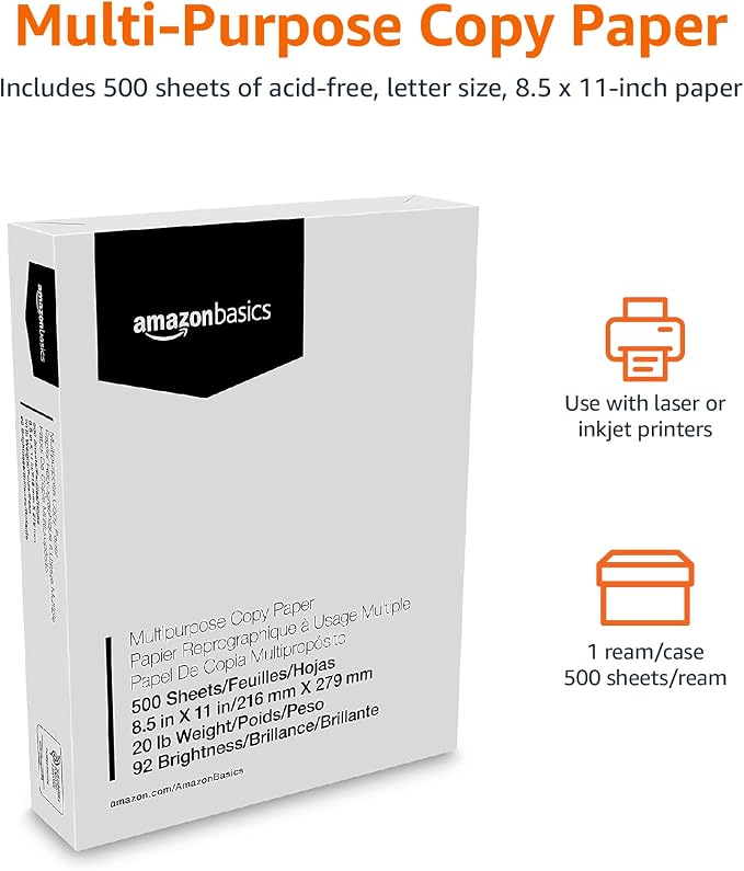 Basics Multipurpose Copy Printer Paper, 8.5 x 11 Inches, 20 lb, 92 Bright, White, 1 Ream (500 Sheets), Jam-Free