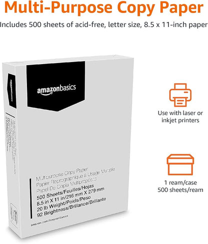 Basics Multipurpose Copy Printer Paper, 8.5 x 11 Inches, 20 lb, 92 Bright, White, 1 Ream (500 Sheets), Jam-Free