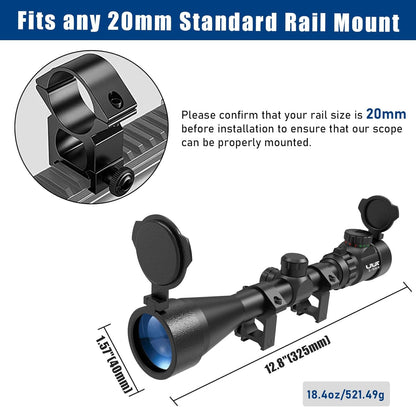 UUQ 3-9x40 Rifle Scope with Red/Green Illuminated Rangefinder Reticle, 20mm Picatinny/Weaver Rings Included, 1/4 MOA Adjustment, Fast Focus Eyepiece, Waterproof Fogproof (minor external cosmetic damage. Accessories not included)