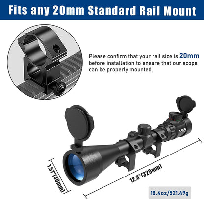 UUQ 3-9x40 Rifle Scope with Red/Green Illuminated Rangefinder Reticle, 20mm Picatinny/Weaver Rings Included, 1/4 MOA Adjustment, Fast Focus Eyepiece, Waterproof Fogproof