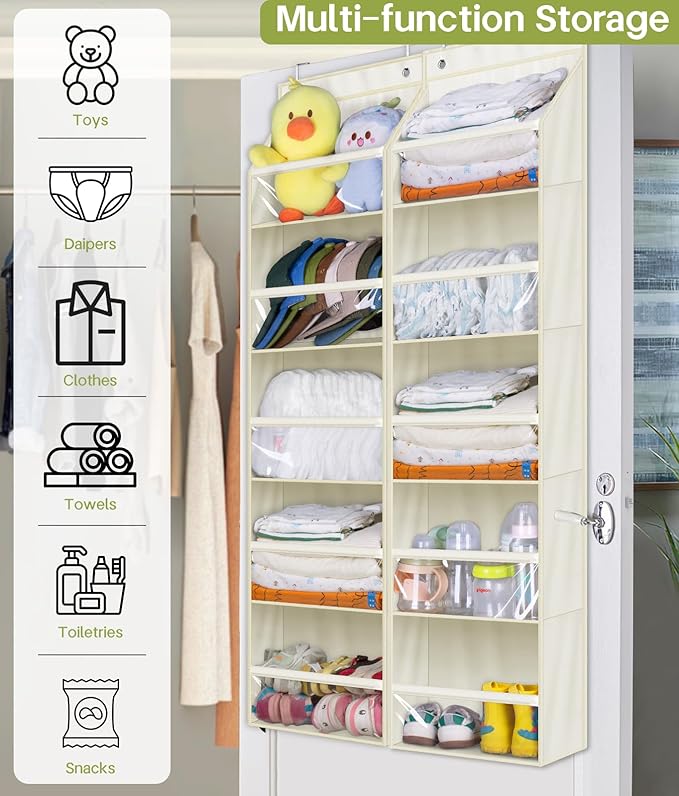 AOODA 1 Pack Over the Door Organizer, Large Capacity Closet Door Hanging Organizer, Clear Deep Pockets Baby Storage for Nursery, Bathroom, Bedroom, Pantry, Diapers (Light Beige)