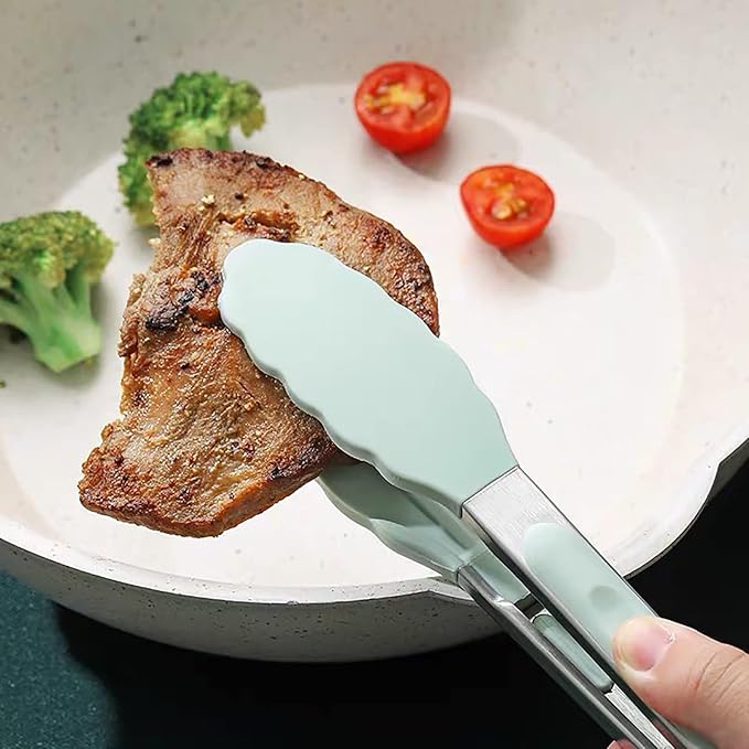Cooking Tongs Stainless Steel, Kitchen Tongs with Silicone Tips, Food Tongs for Baking and Cooking, 304 Stainless Steel, Heat Resistance Up to 470F, Easy to Store and Clean, Medium, Pink