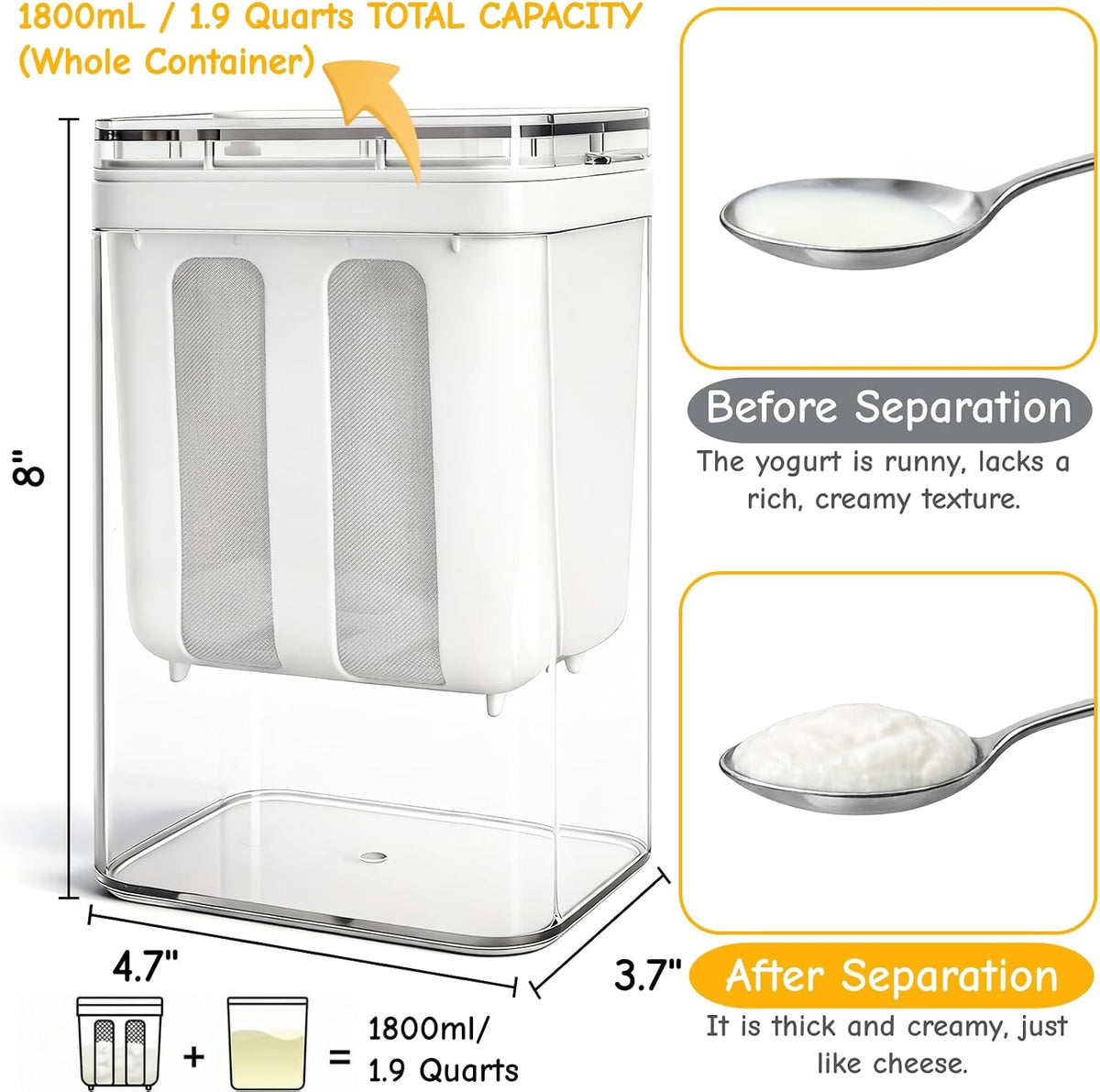 Yogurt Strainer, 1800Ml/1.9 Quarts Yogurt Separator Hung Curd Maker with Fine Mesh Bag & Lid, BPA Free Yogurt Maker for Whey Separation, Soybean Milk Fruit Juice Coffee Soup