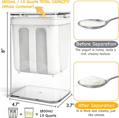 Yogurt Strainer, 1800Ml/1.9 Quarts Yogurt Separator Hung Curd Maker with Fine Mesh Bag & Lid, BPA Free Yogurt Maker for Whey Separation, Soybean Milk Fruit Juice Coffee Soup