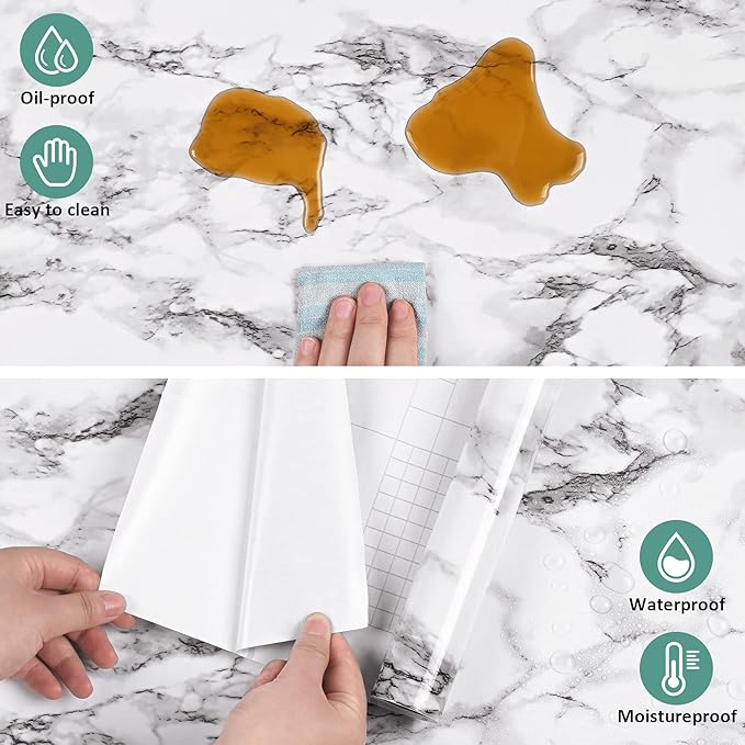 Caltero Marble Contact Paper 15.7" x 118" Black White Grey Wallpaper Peel and Stick Glossy Marble Self Adhesive Contact Paper for Countertop Kitchen Cabinets Bathroom