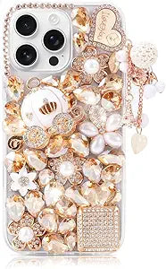 for iPhone 15 Pro Max Bling Glitter Case, Luxury Shiny Diamond Crystal Rhinestone Champagne Pumpkin Car Handmade Clear Protective Case Cover for iPhone 15 Pro Max