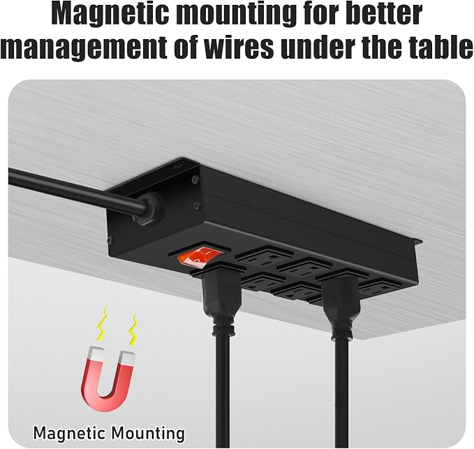 Metal Magnetic Power Strip, 8 Outlet Mountable Socket, Wall Mount Heavy Duty Surge Protector, Catering for Your Every Need, Gaming Table Outlet with 6 FT Power Cord.(Black)