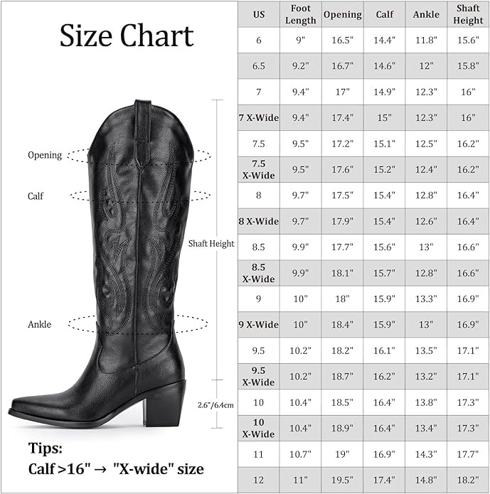 Pasuot Western Cowboy Boots for Women - Knee High Wide Calf Cowgirl Boots with Classic Embroidered, Slip On Pointed Toe Chunky Heel Fashion Retro Classic Pull On Tall Boot for Girls Ladies Fall Winter