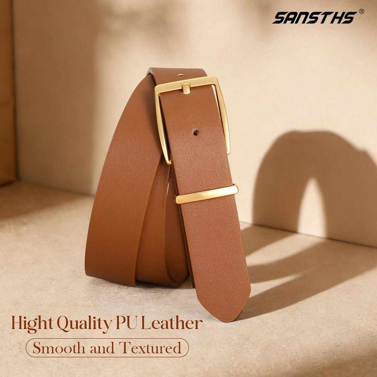 Women Leather Belt with Fashion Gold Square Buckle, Adjustable Women Waist Belt for Jeans Pants Dresses Waist 41"