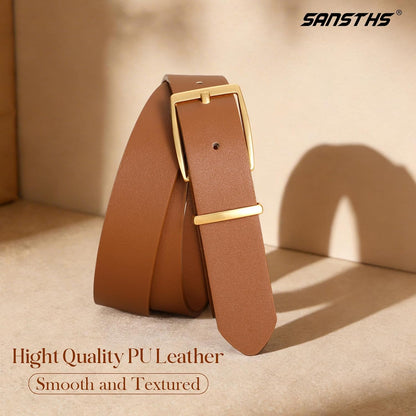 Women Leather Belt with Fashion Gold Square Buckle, Adjustable Women Waist Belt for Jeans Pants Dresses Waist 41"