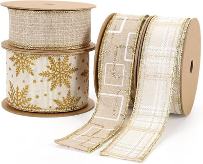 LaRibbons Gold Christmas Wired Ribbon, 2.5 Inch x 10 Yards Gold Snowflake Burlap Ribbon for Tree Decoration,Wreath,Bows,Gift Wrapping