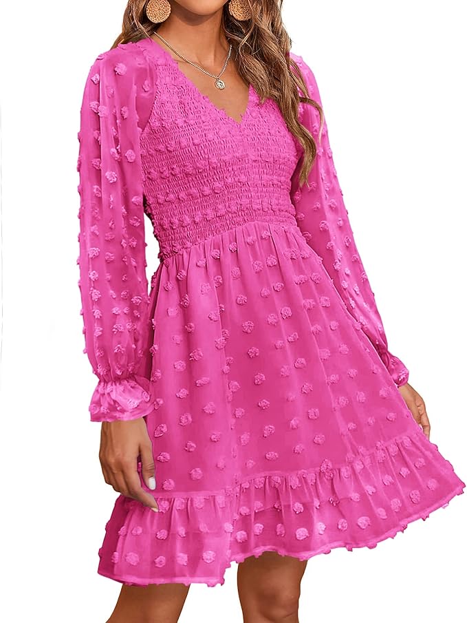 BTFBM Womens Dresses Casual V Neck Long Sleeve Swiss Dot Ruffle Chiffon Flowy Smocked Mini Summer Fall Dresses 2025