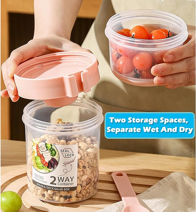Breakfast On The Go Cups, Salad Cup To Go, Take And Go Yogurt Cereal Overnight Oats Snack Parfait Containers & Salad Dressing Holder With Fork For Lunch, Fruit & Vegetable Jar(Pink,36.2oz)
