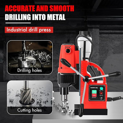 Mag Drill Press, 1100W 550RPM Portable Magnetic Drill Press, Magnetic Core Electric Drilling Machine for Metal Working,14Pcs Annular Cutters Drilling Bits,Red