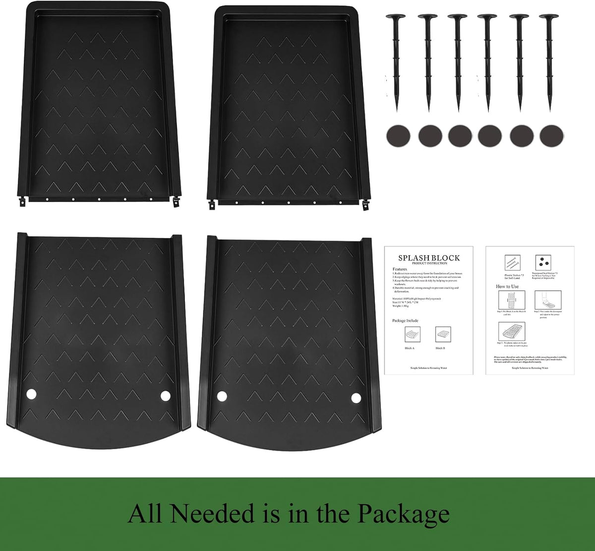 1 Pack Downspout Splash Block, 24" Rain Gutter Downspout Extensions Black, Decorative RainWater Drainage, Gutter Splas ( Doesn't come with 6pc Fixing Nailsh )