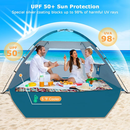 Beach Tent Sun Shade for 3/4-5/6-7/8-10 Person, UPF 50+ Beach Sun Shelter Canopy Tent, Lightweight, Easy Set Up and Carry (3 person)