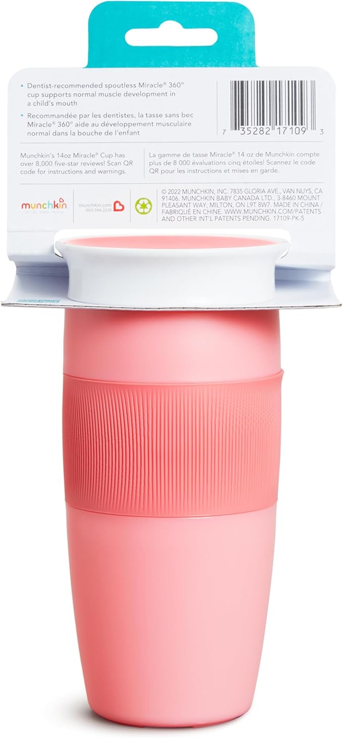 Munchkin Sippy Cup for Toddlers, Miracle 360 Cup, 14 Ounce, Pink