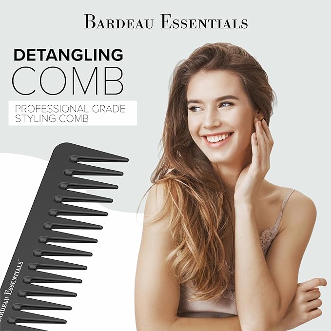 Black Carbon Wide Tooth Comb for Curly and Straight Hair (7 inch) - Professional Detangling Comb for Men & Women - Detangler Big Tooth Comb for Curls and Wet Hair - Large Barber Comb for Hair Styling