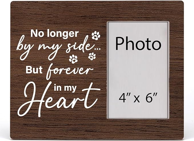 HOIJAUMAI Dog Memorial Gifts for Loss of Dog, Pet Remembrance Gifts, No Longer By My Side But Forever in My Heart Wood Picture Frame, Tabletop and Wall Mounting, Display Photo 4x6 Inch