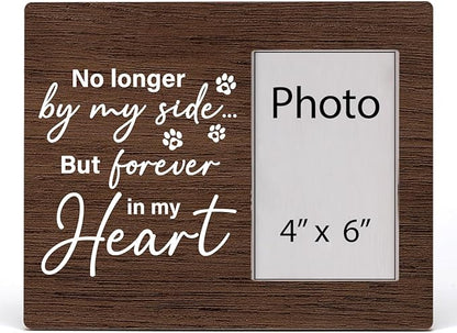 HOIJAUMAI Dog Memorial Gifts for Loss of Dog, Pet Remembrance Gifts, No Longer By My Side But Forever in My Heart Wood Picture Frame, Tabletop and Wall Mounting, Display Photo 4x6 Inch