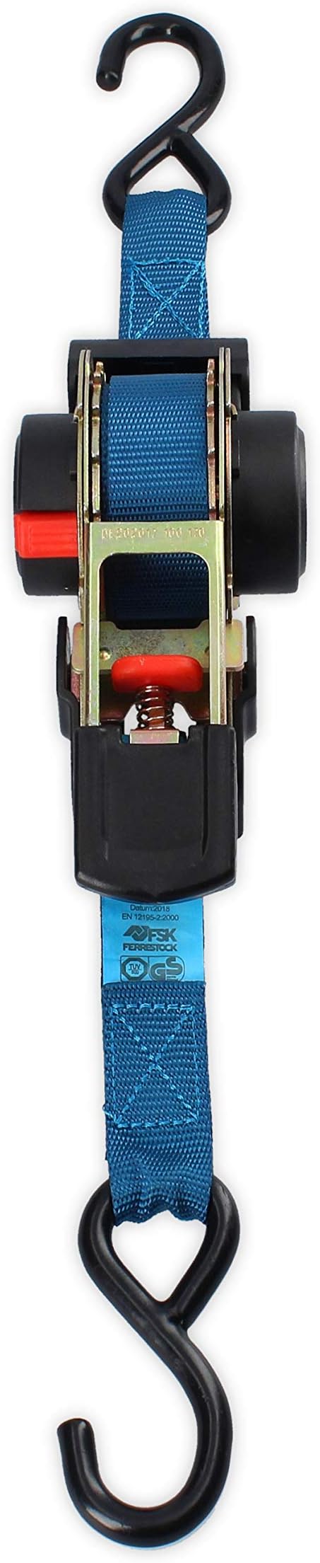 FSKCOS002 Tie Down Strap with Ratchet, Reinforced Steel Hooks and Automatic Pick Up System, Blue