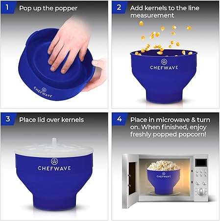 Chefwave Silicone Popcorn Popper (Dark Blue) - Reusable, Collapsible Microwave Popcorn Bowl - Dishwasher Safe