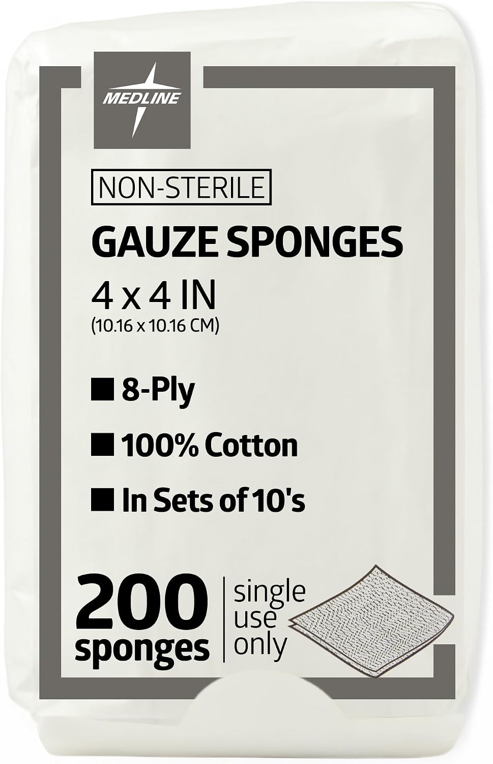 Medline 4 x 4 inch Gauze Sponges, 100% Cotton, 8-Ply Woven Non-Sterile Gauze (Pack of 200) (Packaging looks different)