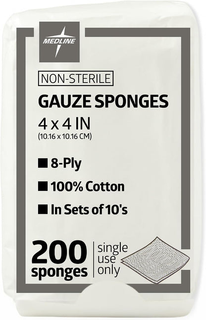 Medline 4 x 4 inch Gauze Sponges, 100% Cotton, 8-Ply Woven Non-Sterile Gauze (Pack of 200) (Packaging looks different)
