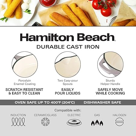 Hamilton Beach Enameled Cast Iron Fry Pan 12-Inch Gray, Cream Enamel coating, Skillet Pan For Stove top and Oven, Even Heat Distribution, Safe Up to 400 Degrees, Durable