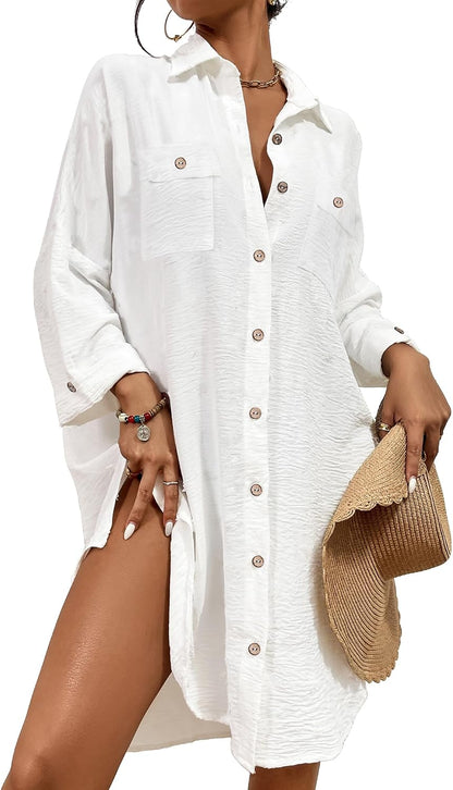 Bsubseach Womens Modern Swimsuit Cover Up Blouse Button Down Shirt Dresses Tops
