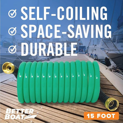 15FT Coiled Boat Hose, Expandable Coil Water Hose, Marine Grade 34 Inch Connectors, Perfect for RV Wash, Garden, and Marine Washdown, Self-Recoil Design, 15 Foot Length