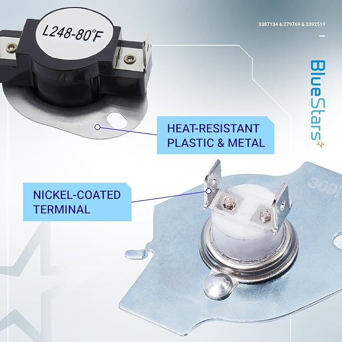 BlueStars 279769 Dryer Thermal Cut-Off Kit, 3387134 Thermostat and 3392519 Thermal Fuse - Compatible with Whirlpool Kenmore Maytag Dryers - Replaces 3977394 3390291 PS345113 AP6008325