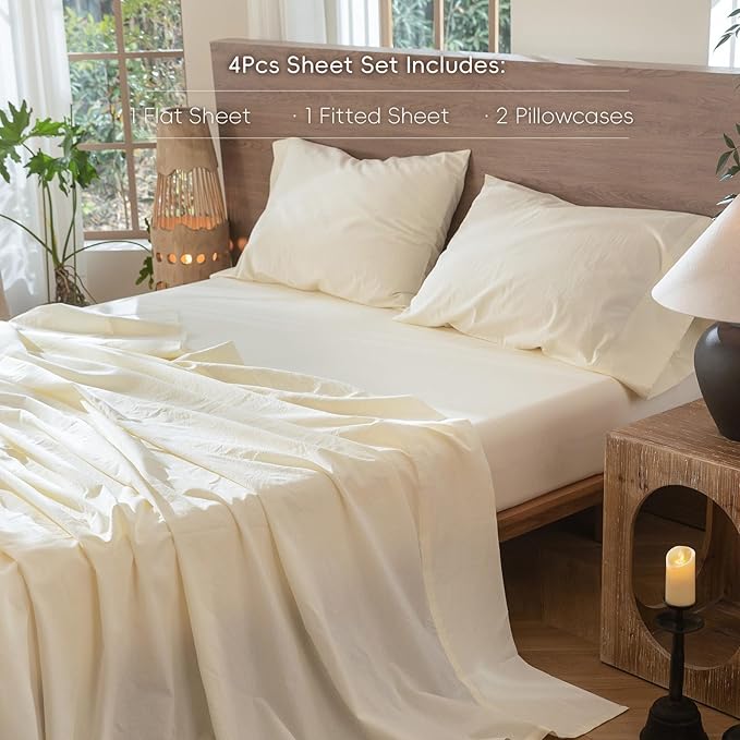 MooMee Bedding Sheet Set 100 Washed Cotton Linen Like Textured Breathable Durable Soft Comfy (Cream White, Queen)