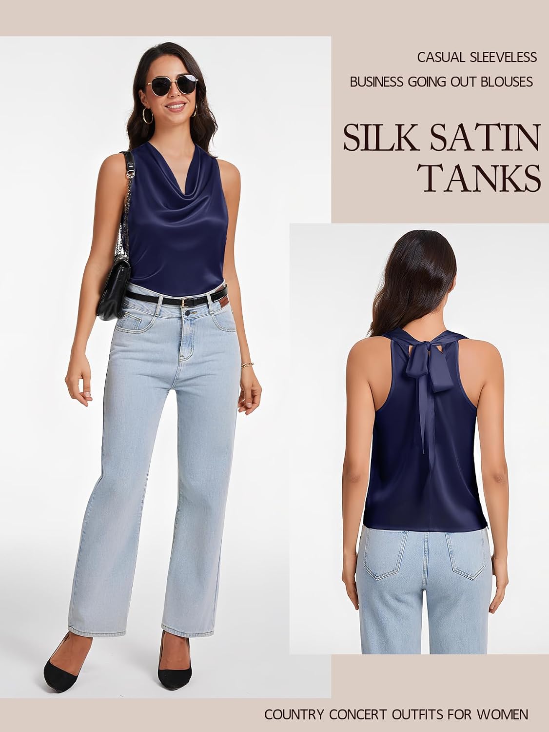 LAOTEPO Cowl Neck Halter Tops for Women Silk Satin Going Out Tank Top Trendy Summer Camisole Business Casual Blouses Outfits