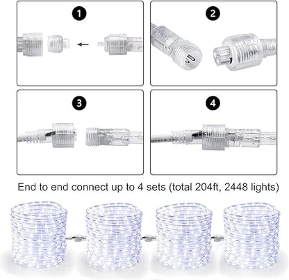 Brizled Rope Lights, 51ft 612 LED Rope Lights, 120V Plugin Christmas Rope Lights Connectable, Waterproof Cool White Indoor Outdoor Tube Lights Flexible for Holiday Garden Yard Corridor Patio Decor