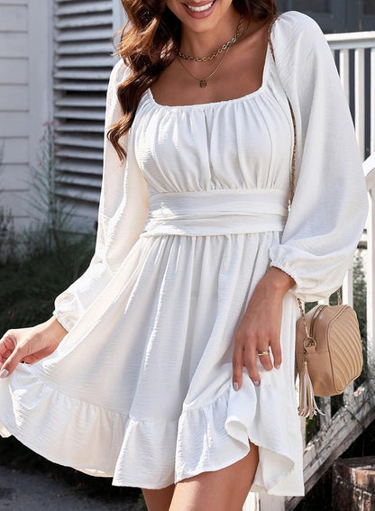 Womens Dress Long Lantern Sleeve Square Neck Tie Backless Sexy Dress Ruffle Elastic Waist A-Line Mini Dress