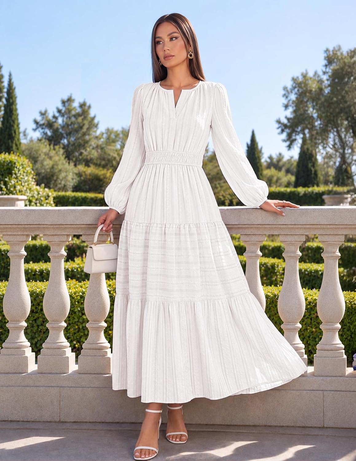 MEROKEETY Spring Summer Midi Dresses for Women 2026 Fall Casual Vacation Long Sleeve V Neck Tiered Cotton Maxi Dress Pockets