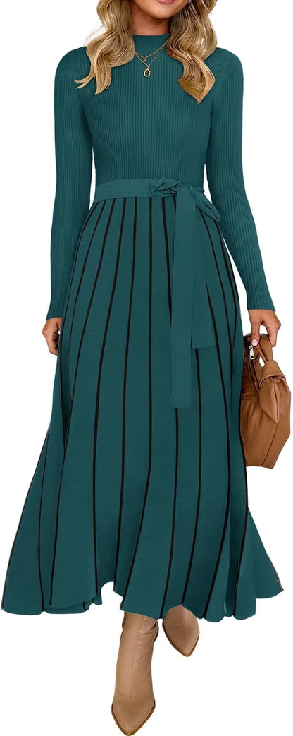 ZESICA turtleneck sweater dress, soft, stretchy ribbed knit, flattering A-line silhouette, casual yet trendy look.