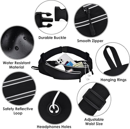 Running Belts for Men Women, Running Fanny Pack with 2-Zipper Pockets, Waterproof Waist Pack Phone Bag Carrying All Phones, Reflective Runners Belt Jogging Pocket Belt
