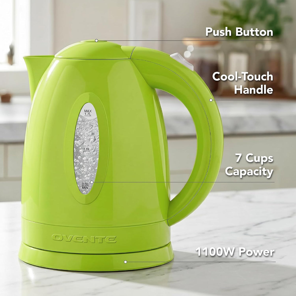 Electric Kettle, 1.7L Fast Boiling Water Heater for Coffee or Tea, BPA Free with Water Level Gauge, Auto Shut-Off, Boil-Dry Protection, Indicator Light and Removable Filter, Green KP72G