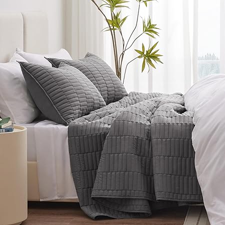 EXQ Home Quilt Set FullQueen Size Grey 3 Piece,Lightweight Soft Coverlet Modern Style Stitched Quilt Pattern Bedspread Set for All Season(1 Quilt,2 Pillow Shams)