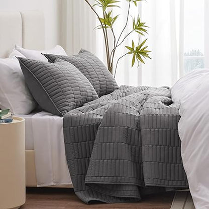EXQ Home Quilt Set FullQueen Size Grey 3 Piece,Lightweight Soft Coverlet Modern Style Stitched Quilt Pattern Bedspread Set for All Season(1 Quilt,2 Pillow Shams)