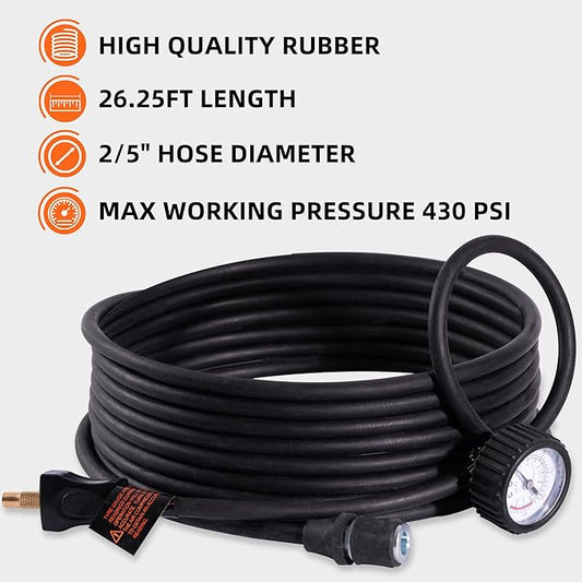 ALL-TOP Air Compressor Replacement Hose, 26.25FT Rubber Air Hose with NPT  Screw-On Connectors (Includes Pressure Gauge)