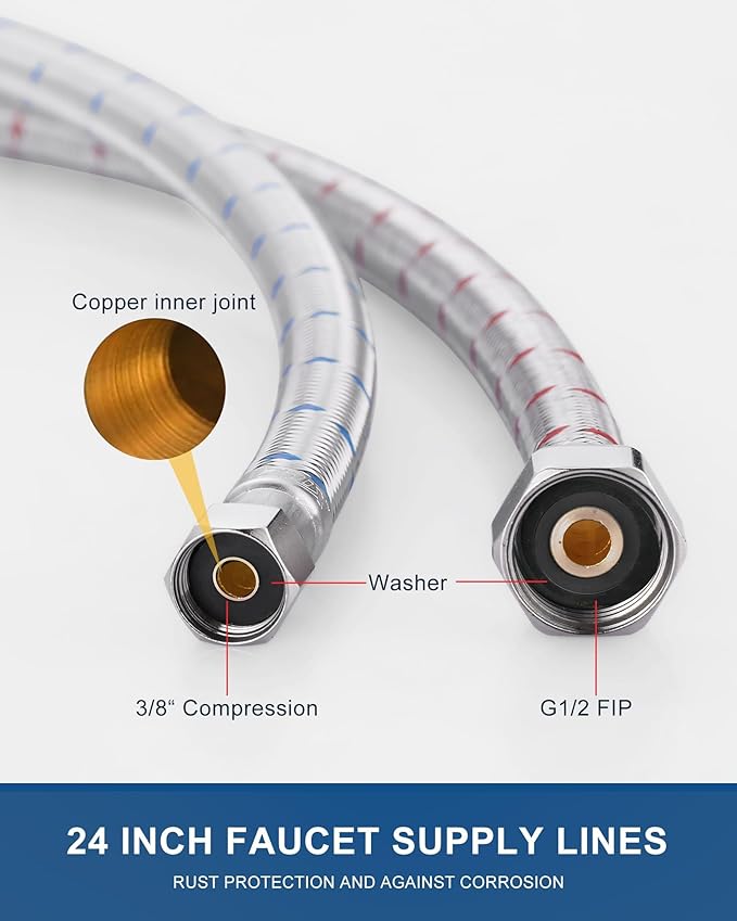 24'' Long Faucet Connector, Stainless Steel Braided cUPC Faucet Supply Lines G12" FIP x 38" Compression Sink Hose Attachment Toilet Water Hose Replacement Parts 2 PCS