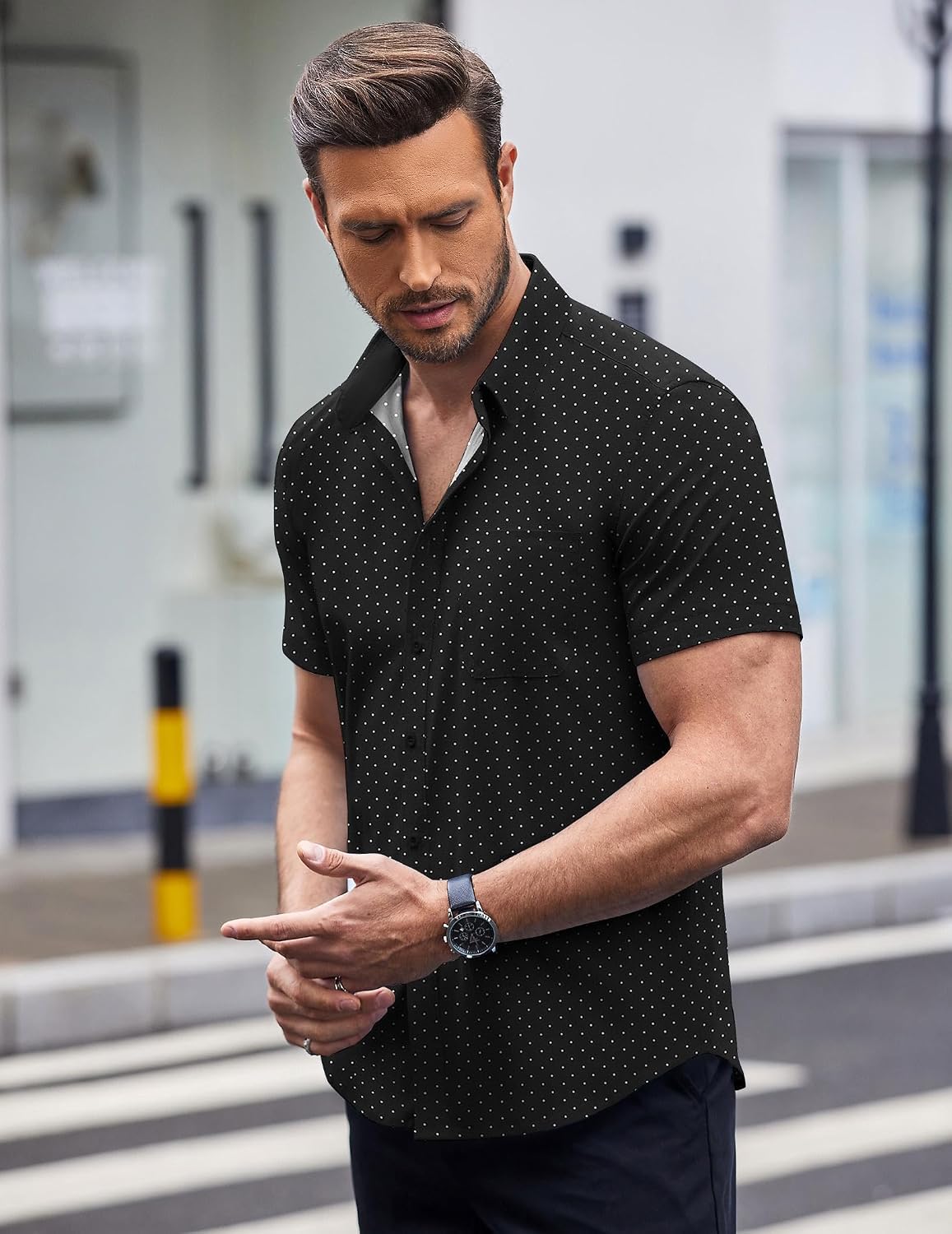 COOFANDY Mens Short Sleeve Button Down Shirts Wrinkle Free Dress Shirts Casual Polka Dot Print Shirt with Pocket.