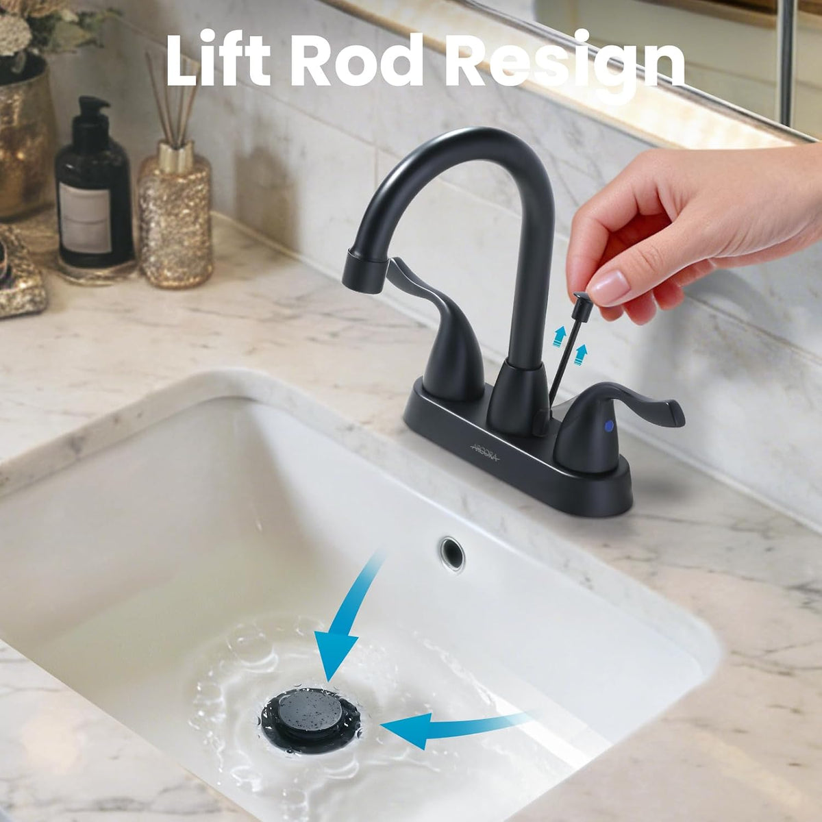 ARCORA Sink Drain with Overflow, Bathroom Sink Stopper with Lift Rod, Matte Black Drain for Vessel Sink